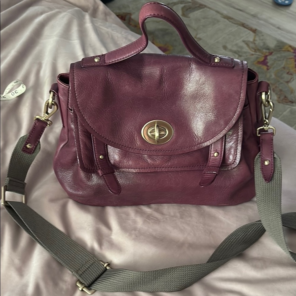 Genuine soft Plum Leather Handbag with a long adjustable strap by Halogen